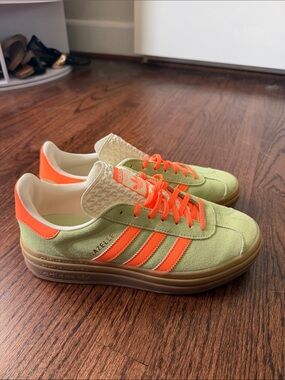 adidas Lime Green Suede Sneakers with Neon Orange Stripes